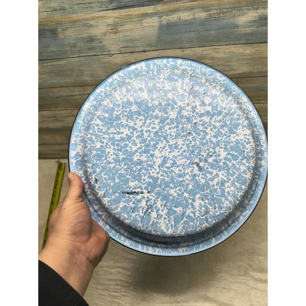 Vtg Graniteware Pie Plate Blue White‎ Splatter Enamel Retro Farmhouse Rustic